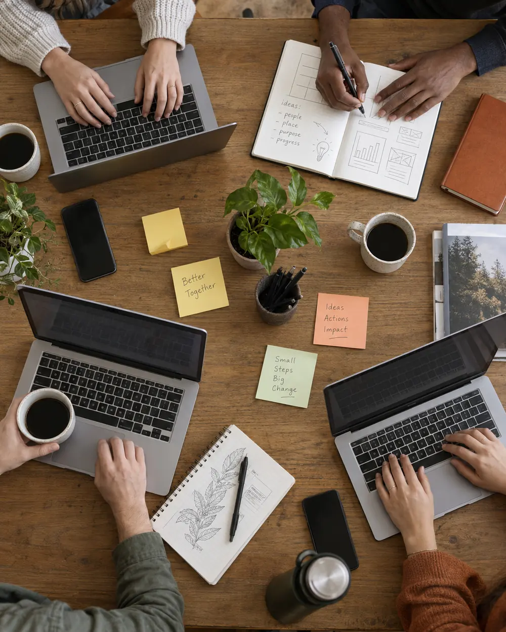 A shared worktable seen from above